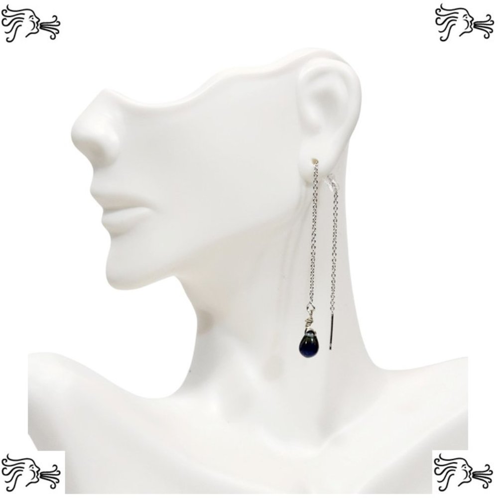 Threader Chain Earrings Dark Amethyst AB Picasso Teardrop on Silver Dainty